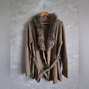 Ana Cardigan Women's XL Taupe Faux Fur Collar Belted Sweater Cardigan Y2k